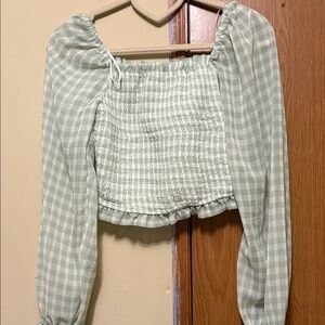 Japna Green Gingham Smocked Crop Top S Puff Sleeve Square Neck Cottagecore